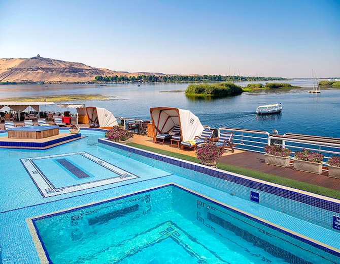 View of the pool on the sundeck overlooking the water.