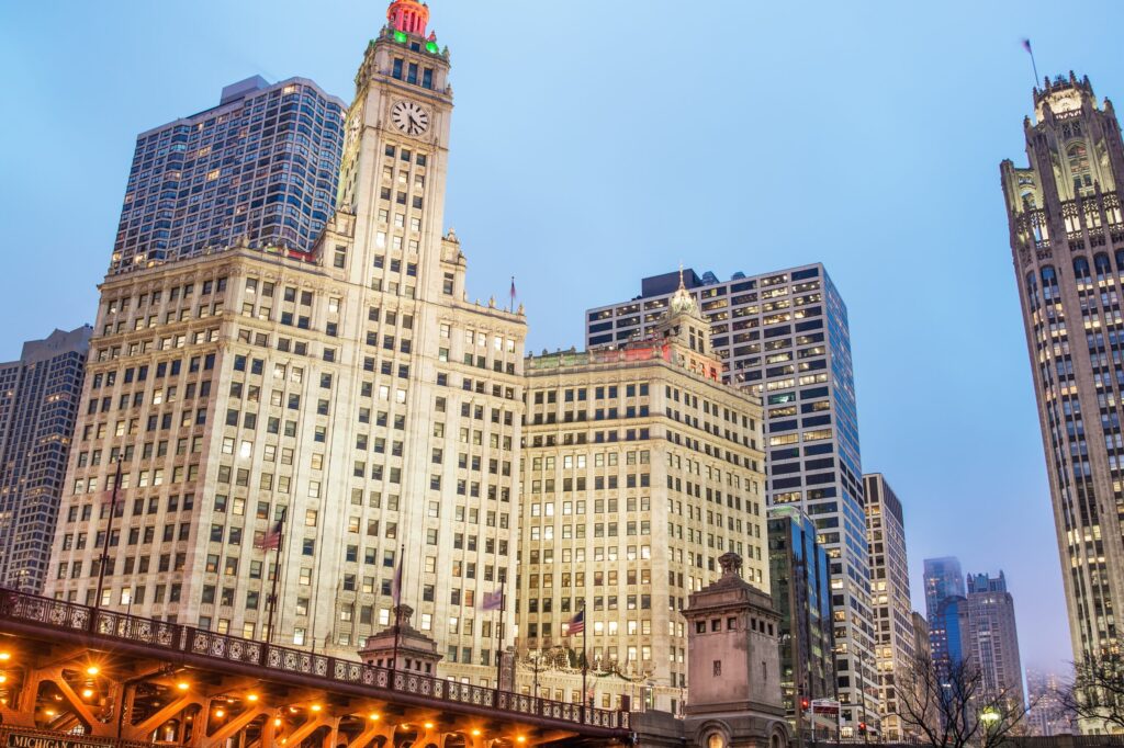 The Wrigley Building’s glowing white terra-cotta and signature clock tower make it one of Chicago’s most iconic sights.