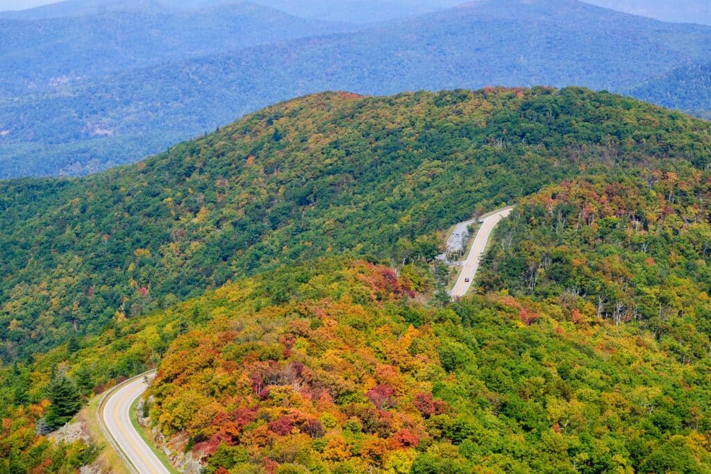 Skyline Drive winds through Shenandoah National Park, offering sweeping views of Virginia’s Blue Ridge blanketed in fall color.