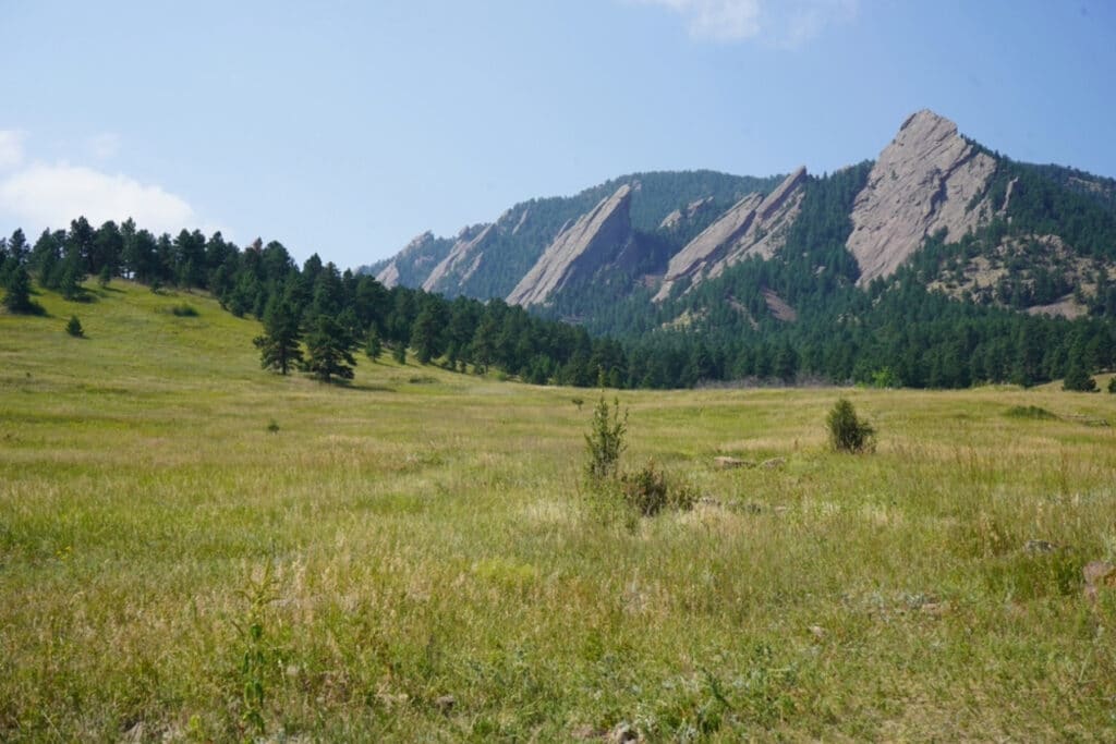 Flatirons rise behind the vast fields and trees