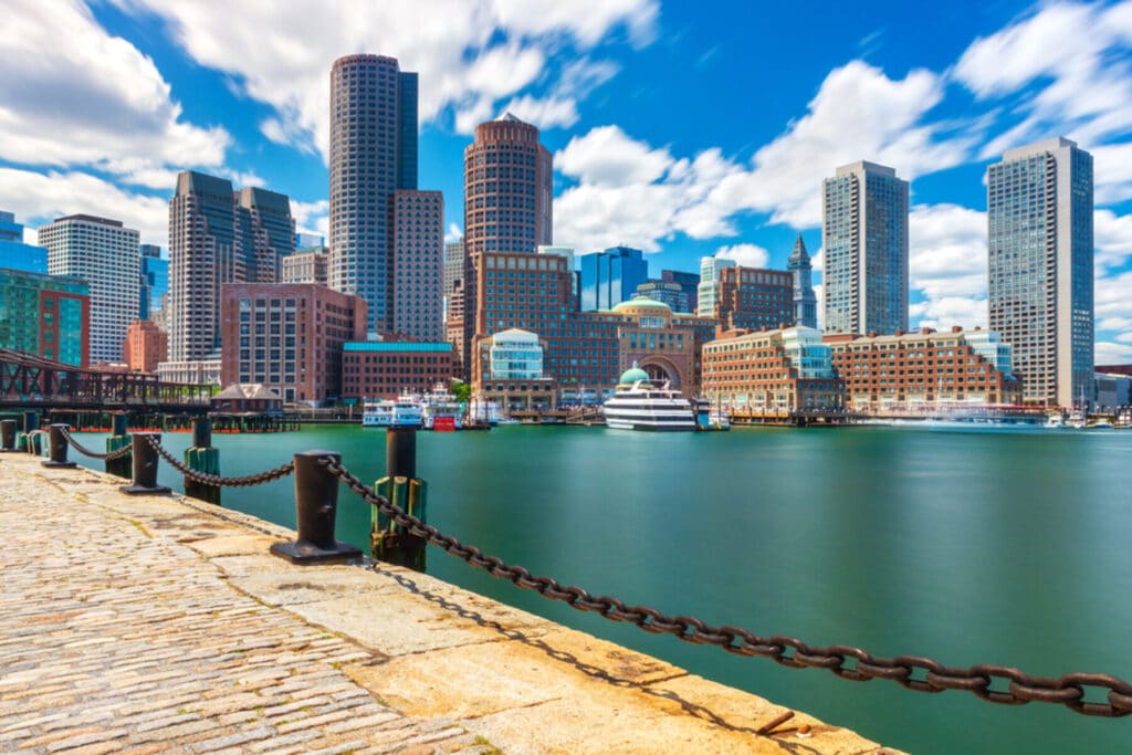 Boston cityscape with a view from the harbor