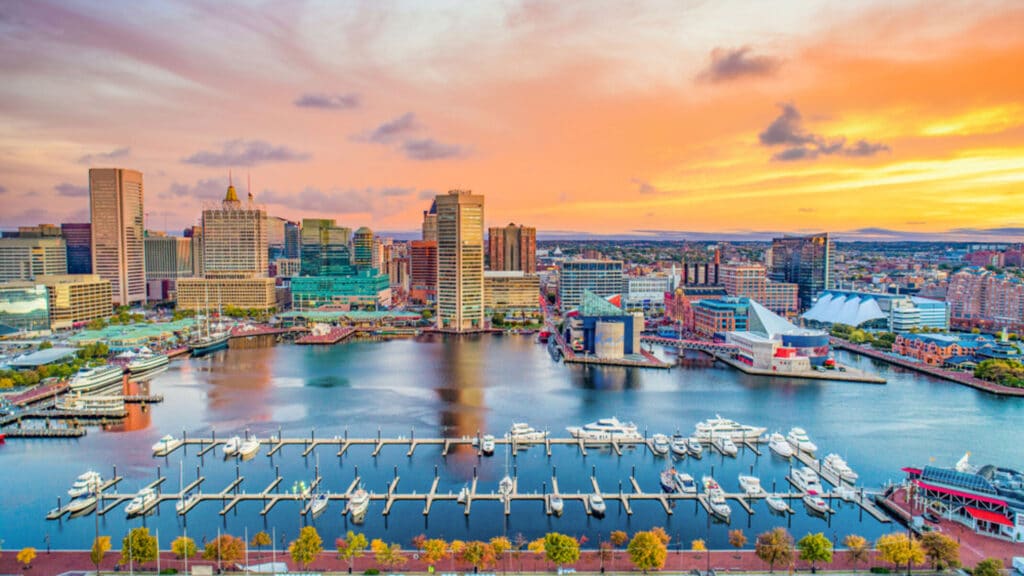 Harbor skyline at sunset