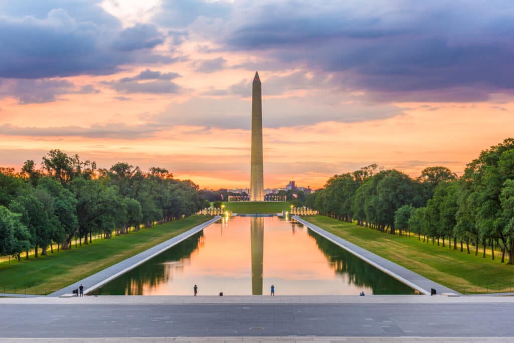 Washington DC Monument at sunset.