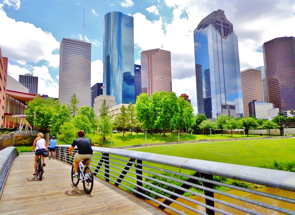 Biking through Buffalo Bayou Park, where skyline views and winding trails offer a quiet break right in the heart of Houston.