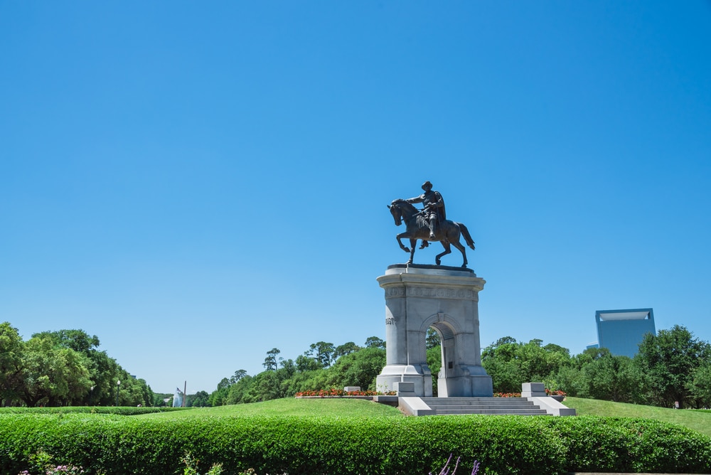 The statue of Sam Houston in Hermann Park, downtown Houston, Texas, US.