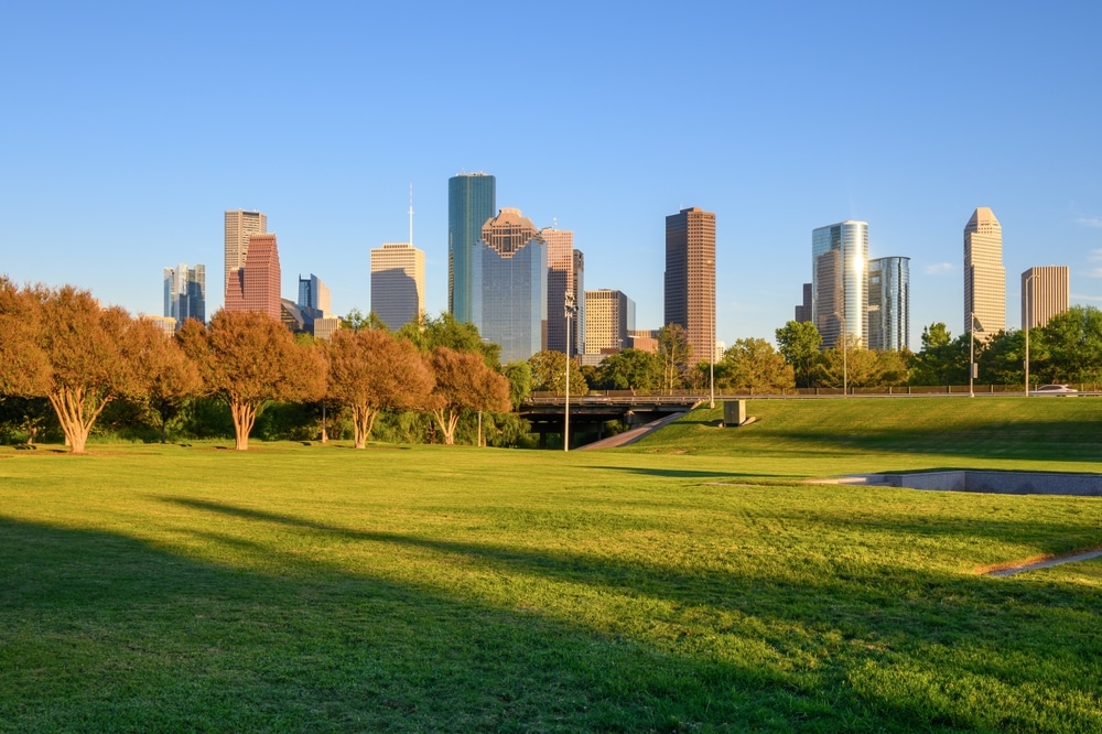 Buffalo Bayou Park offers skyline views, public art, and trails that wind through 160 acres just west of downtown Houston.