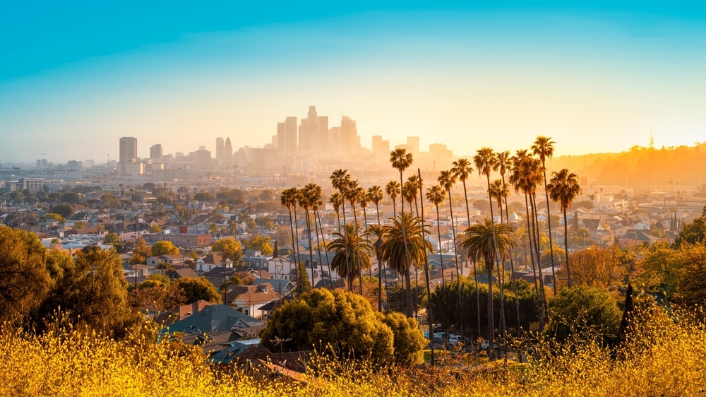 Los Angeles, CA skyline during sunset