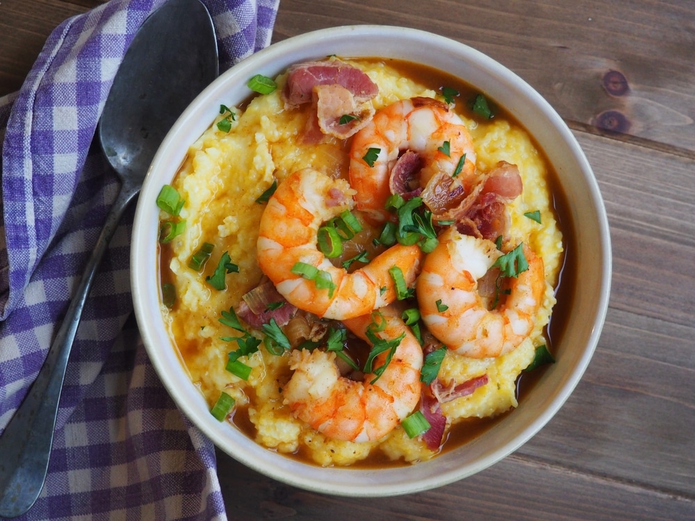 Southern-style shrimp and grits, a classic Baton Rouge dish.