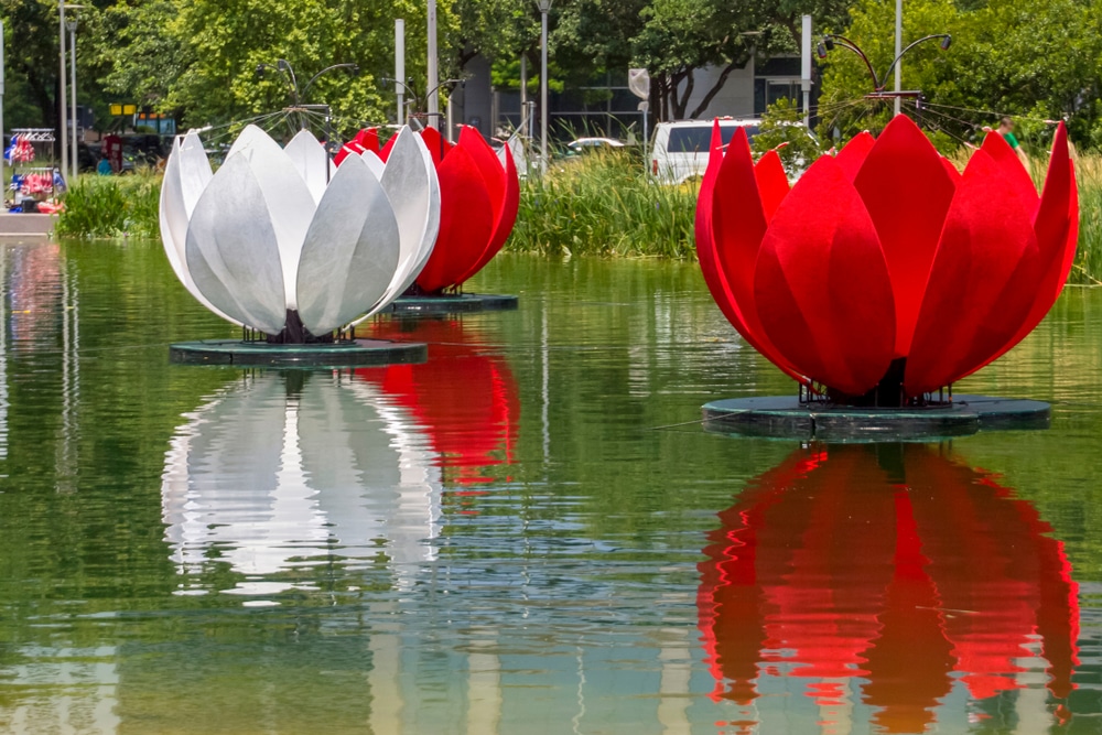 Colorful lotus installations float in the pond at Discovery Green, one of downtown Houston’s most vibrant parks for family play, art, and free seasonal events.