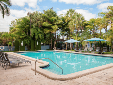 Regency Miami Airport by Sonesta Outdoor Pool view surrounded by trees.