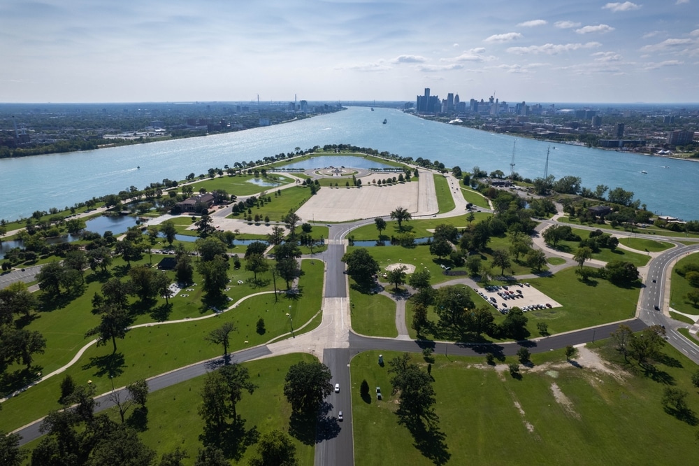 Aerial view of Belle Isle Island and the surrounding blue Detroit River, Detroit, MI