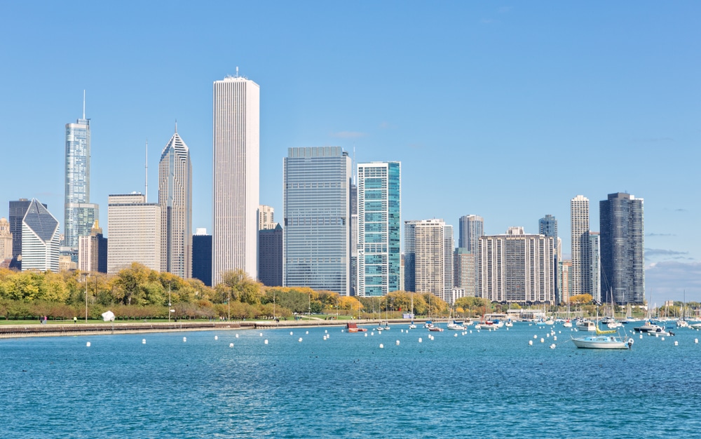 Chicago Harbor and cityscape view, Chicago, IL