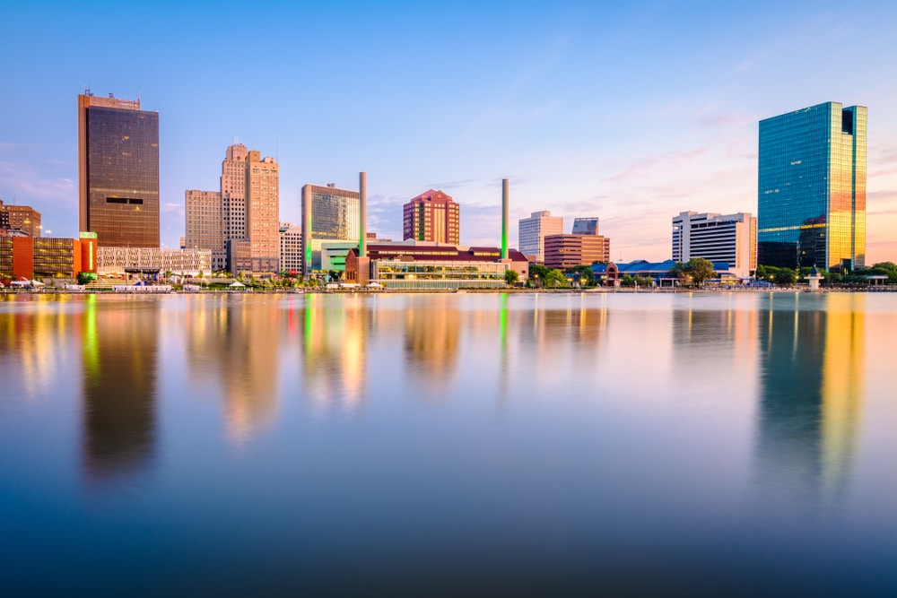 Downtown skyline on the Maumee River at dusk, Toledo, Ohio.