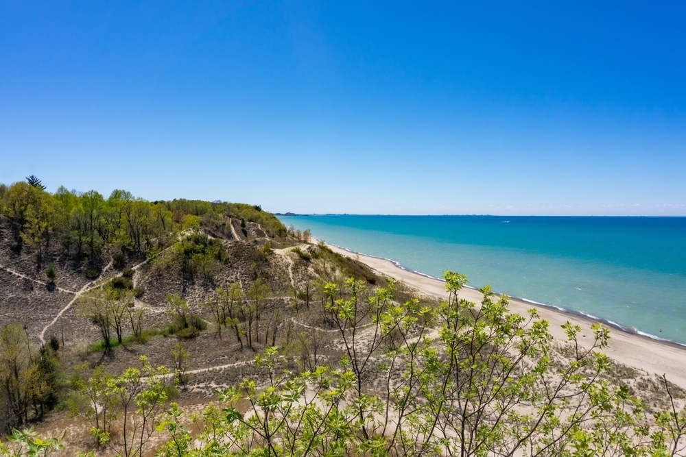 The views of Lake Michigan and the sand dunes are popular beach and hiking attractions, Indiana Dunes National Park, Indiana, USA.
