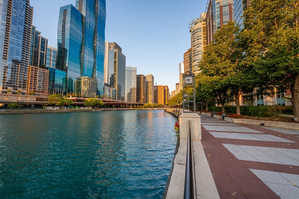 View of the riverwalk, the river on the left with a nice boardwalk on the right