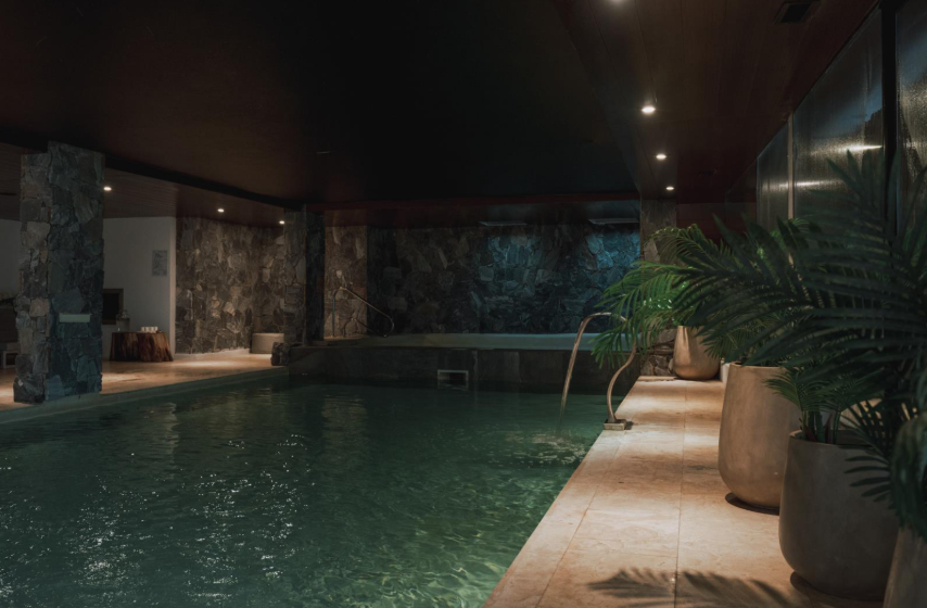 A luxurious home interior featuring a pool, spa, and a cozy fireplace for relaxation and comfort.