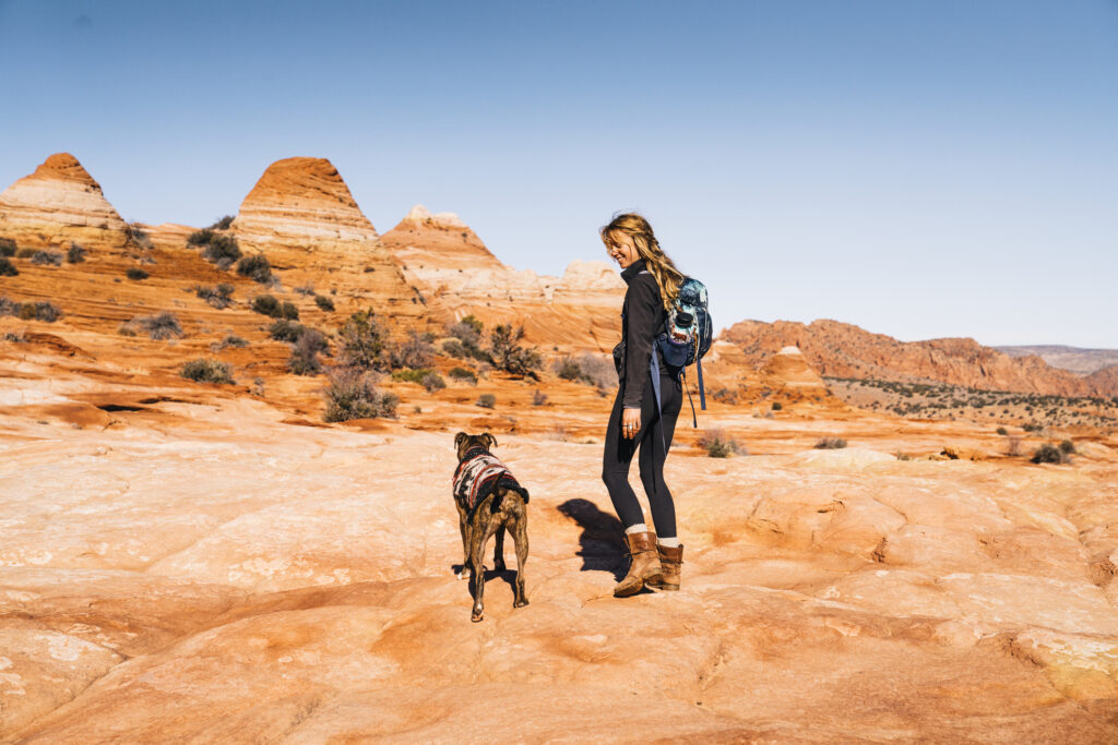 Woman and dog hiking in a desert landscape with colorful sandstone formations.
