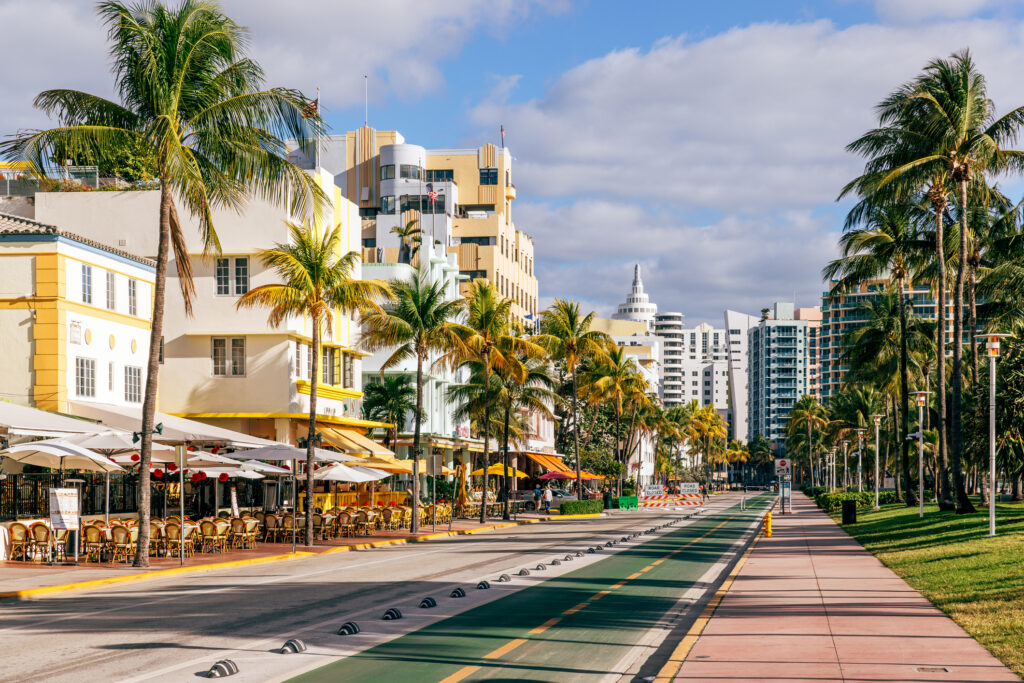 A row of tall palm trees swaying gently in the breeze against a clear blue sky.
