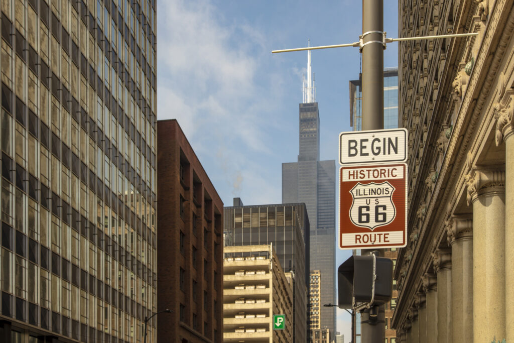The famous Route 66 starts in downtown Chicago, on Adams Street near the corner of Adams and Michigan Avenue.