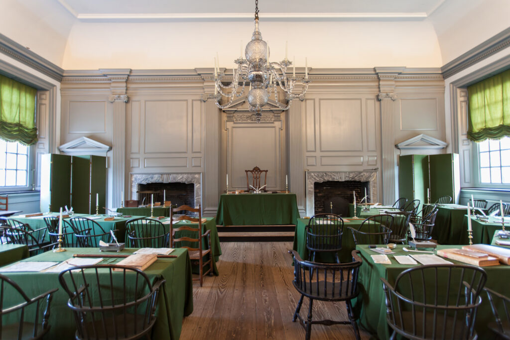 Assembly room in Independence Hall where the US Constitution and Bill of Rights were adopted, Philadelphia, PA 