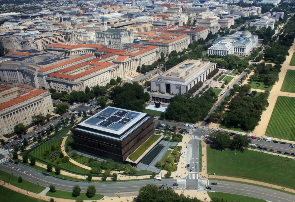 Aerial view of The National Mall and Constitution Avenue, Washington DC