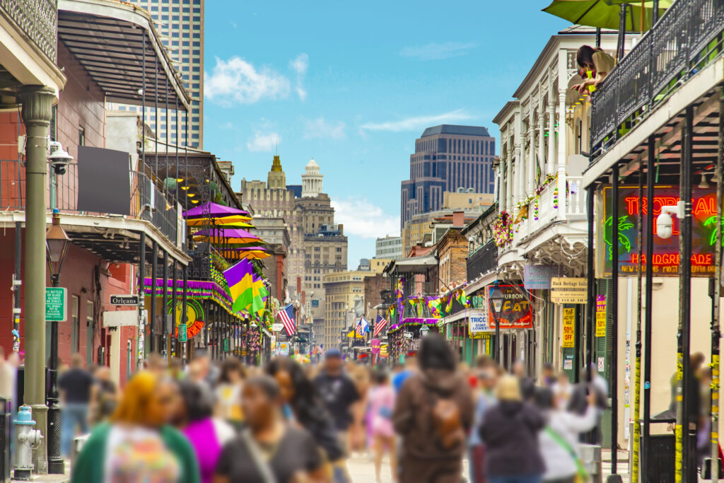 Crowds on Bourbon Street during Mardi Gras, New Orleans
