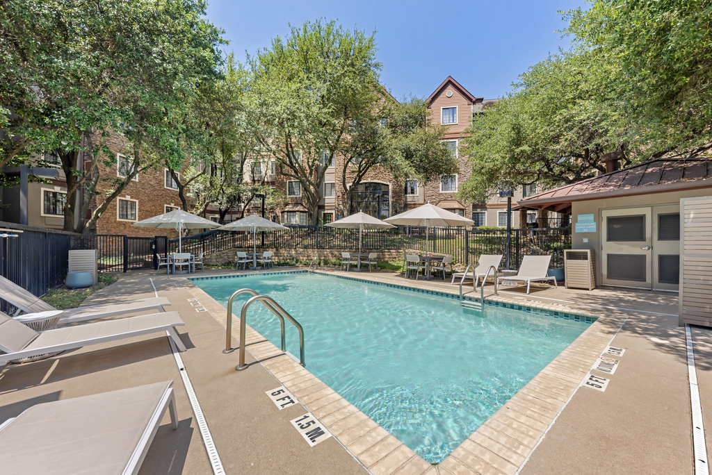 A serene pool area at an Austin apartment complex, featuring lounge chairs and palm trees under a clear blue sky.