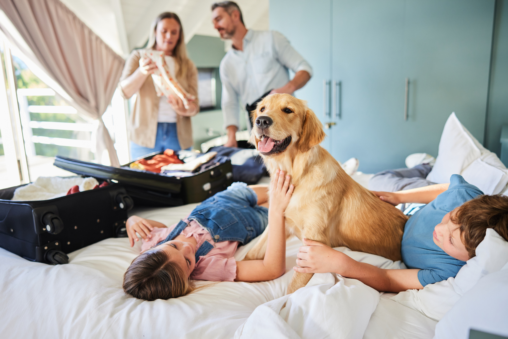 A family of four sits on a bed, smiling, with a dog playfully lying beside them.