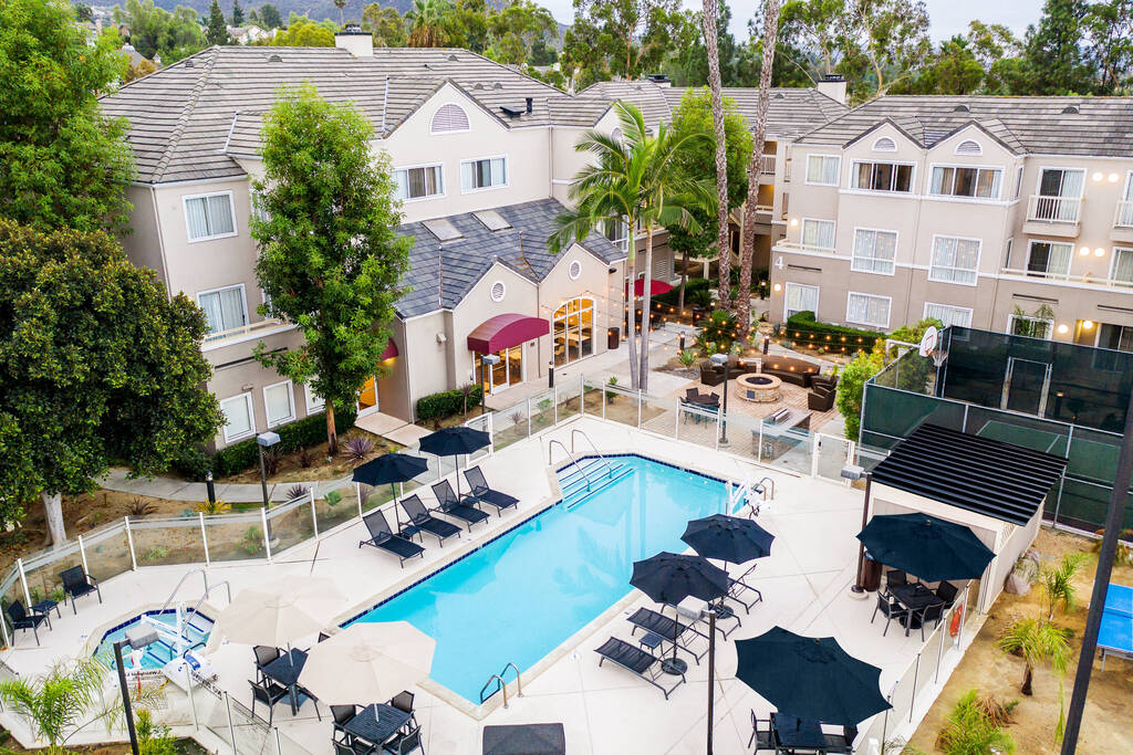 The inviting pool in San Diego, with sunbathers relaxing on chairs and vibrant greenery nearby.
