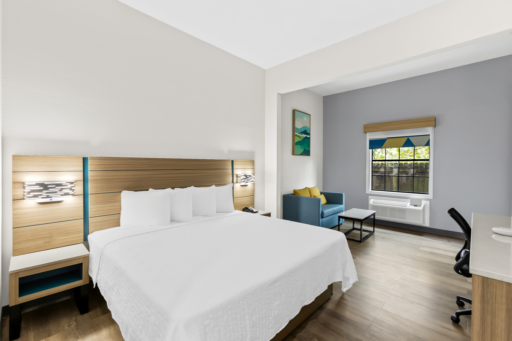 A well-furnished hotel room with a cozy bed, a desk for work, and a television for leisure activities.