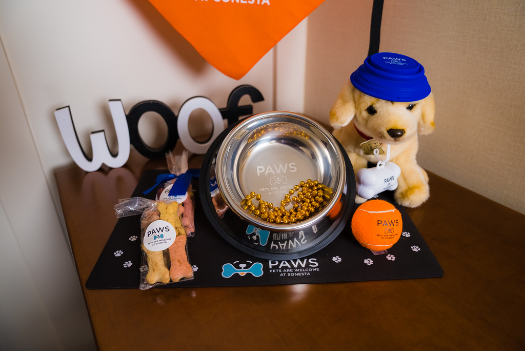 A toy dog is positioned next to a bowl of food on a table, creating a charming and whimsical atmosphere.