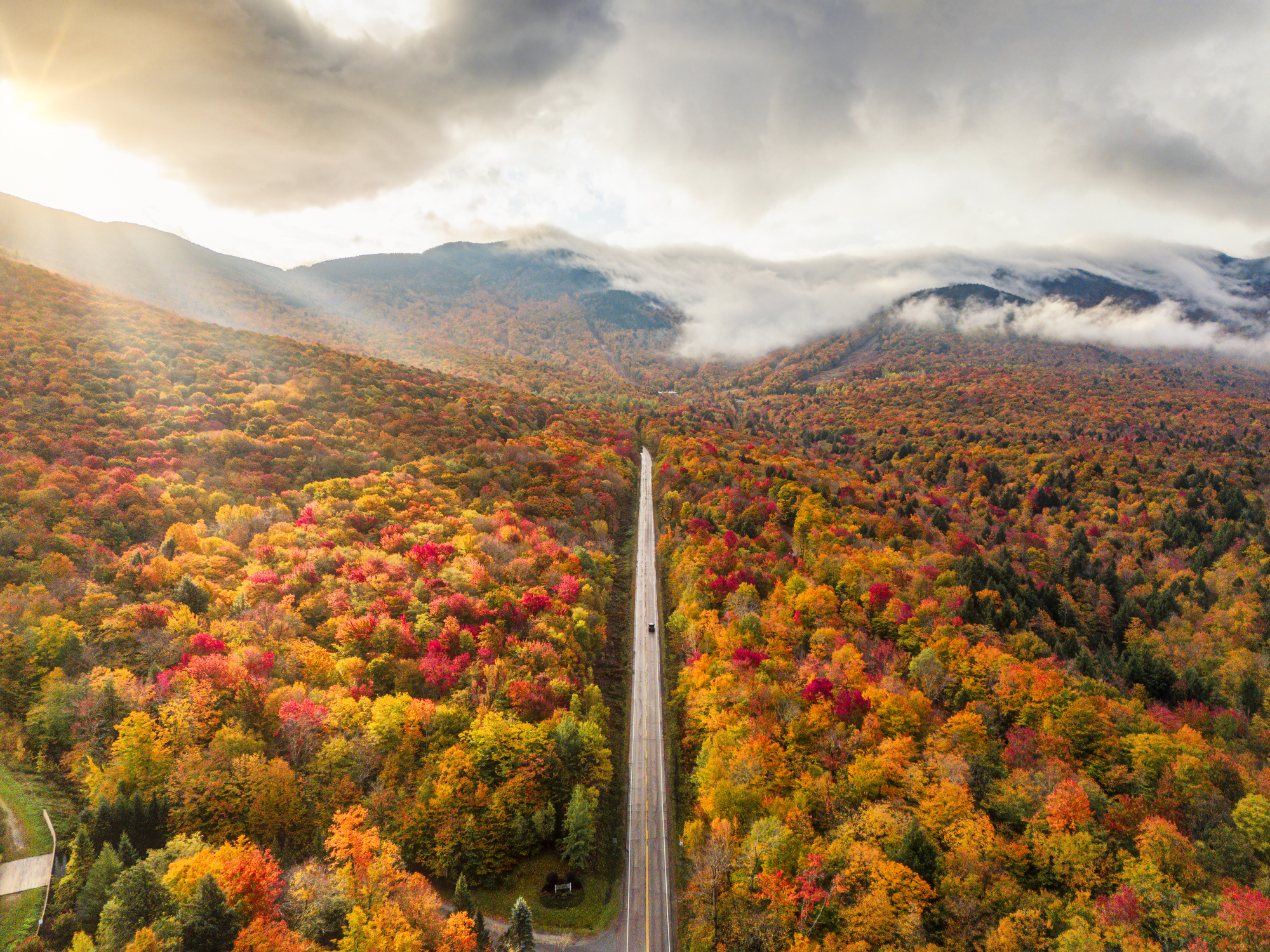 Aerial shot of a road meandering through a landscape adorned with bright fall colors, highlighting seasonal changes.