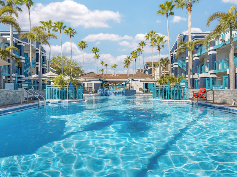 A serene pool with clear blue water surrounded by lush green palm trees under a bright sky.
