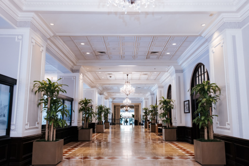 Elegant hotel lobby featuring ornate chandeliers and lush potted plants, creating a welcoming atmosphere for guests.